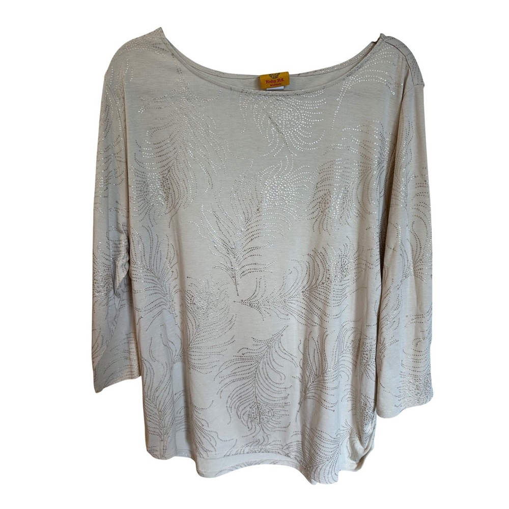 Ruby Rd Woman 3X Beige‎ Silver Foil Feather Print 3/4 Sleeve Top 76294 Plus Size